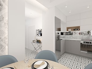 Ołtaszyn - Projekt domu - Średnia otwarta z kamiennym blatem biała z zabudowaną lodówką kuchnia w kształcie litery u z marmurem nad blatem kuchennym, styl nowoczesny - zdjęcie od ROOM STUDIO