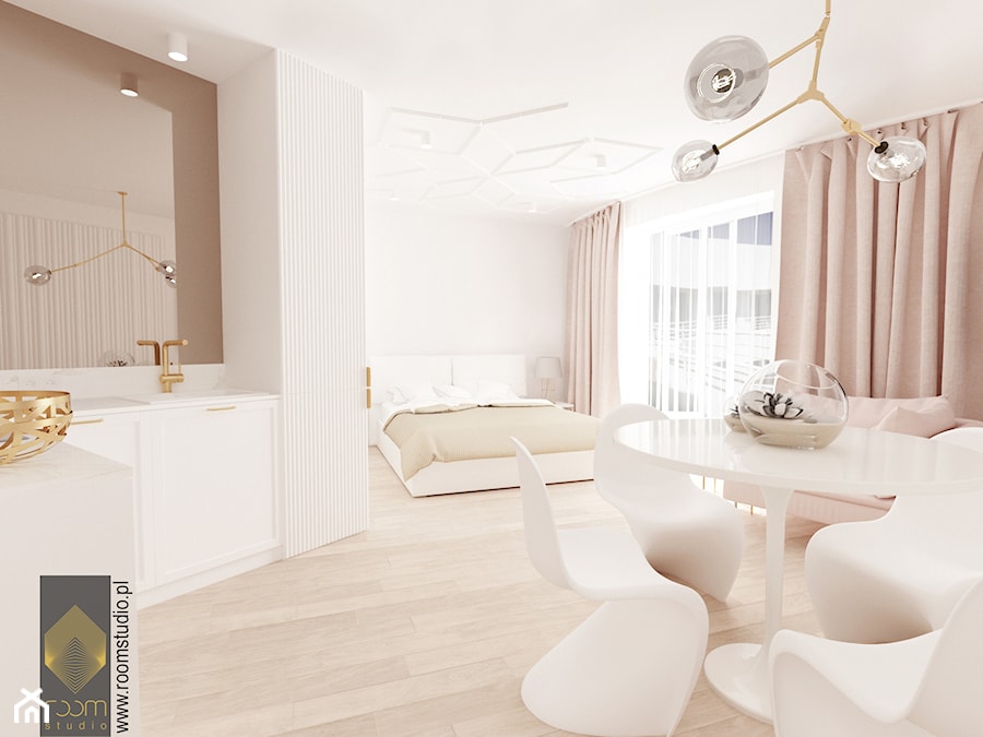 Apartament Wrocław - Duża biała różowa sypialnia z łazienką, styl nowoczesny - zdjęcie od ROOM STUDIO