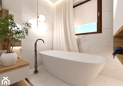 Łazienka z wanną - Mała duża z lustrem z marmurową podłogą łazienka z oknem, styl nowoczesny - zdjęcie od ROOM STUDIO