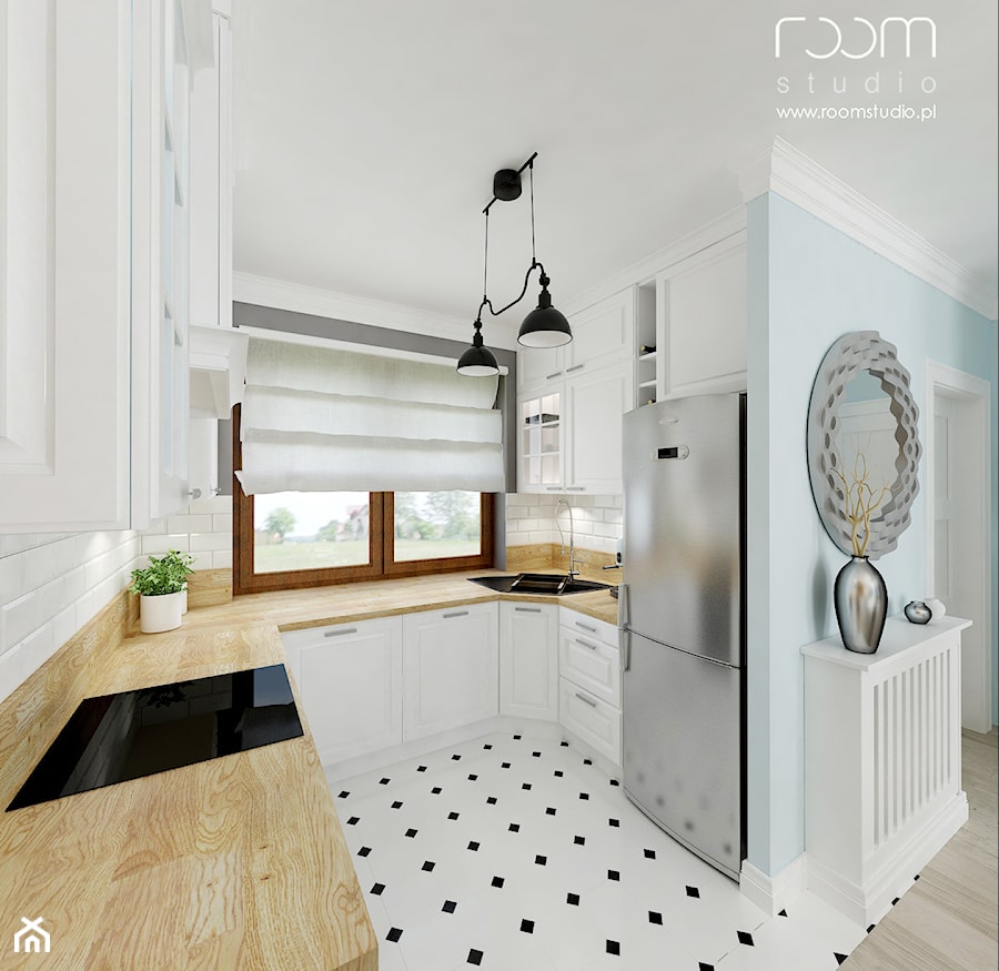 Dom szeregowy, Wilkszyn - Średnia otwarta biała z lodówką wolnostojącą kuchnia w kształcie litery u - zdjęcie od ROOM STUDIO