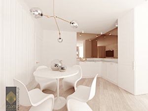 Apartament Wrocław - Średnia otwarta z salonem biała z zabudowaną lodówką kuchnia w kształcie litery l, styl nowoczesny - zdjęcie od ROOM STUDIO