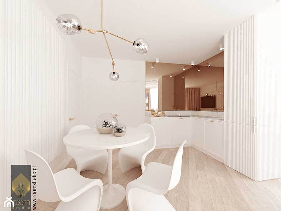Apartament Wrocław - Średnia otwarta z salonem biała z zabudowaną lodówką kuchnia w kształcie litery l, styl nowoczesny - zdjęcie od ROOM STUDIO