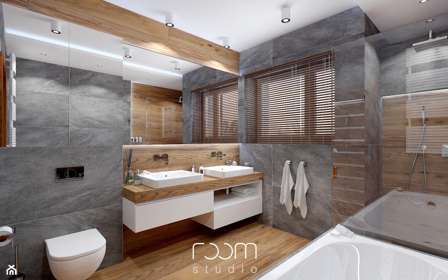 Łazienka szara z drewnem - Duża na poddaszu z dwoma umywalkami z punktowym oświetleniem łazienka z o ... - zdjęcie od ROOM STUDIO - Homebook