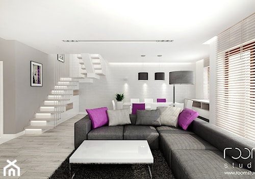 Dom jednorodzinny, Dobrzykowice - Średni biały szary salon z jadalnią, styl nowoczesny - zdjęcie od ROOM STUDIO