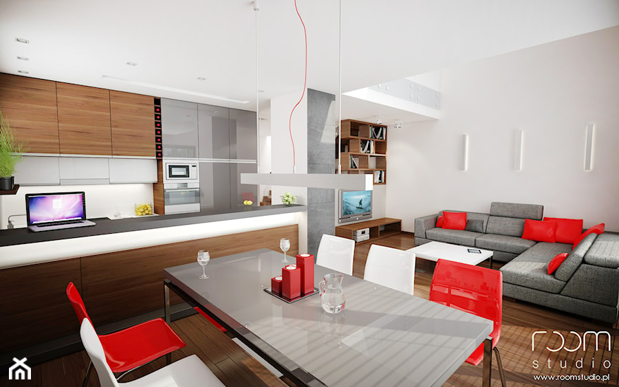 Dom w czerwieni, Ślęza, okolice Wrocławia - Duża biała szara jadalnia w salonie w kuchni - zdjęcie od ROOM STUDIO