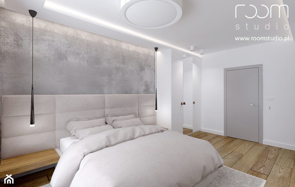 Dom jednorodzinny - Żerniki, Wrocław - Średnia biała szara sypialnia, styl minimalistyczny - zdjęcie od ROOM STUDIO - Homebook