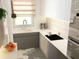 Mieszkanie w Poznaniu - Mała otwarta biała z zabudowaną lodówką z podblatowym zlewozmywakiem kuchnia w kształcie litery l z wyspą lub półwyspem, styl nowoczesny - zdjęcie od ROOM STUDIO