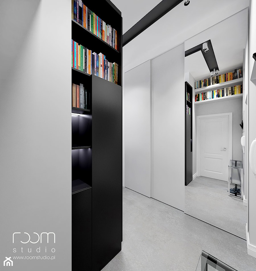 Nowoczesne mieszkanie w kamienicy - Mały biały czarny hol / przedpokój, styl minimalistyczny - zdjęcie od ROOM STUDIO