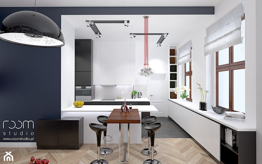 Średnia biała czarna jadalnia w kuchni, styl nowoczesny - zdjęcie od ROOM STUDIO
