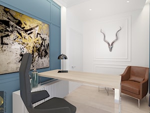 Ołtaszyn - Projekt domu - Małe z zabudowanym biurkiem białe niebieskie biuro, styl glamour - zdjęcie od ROOM STUDIO