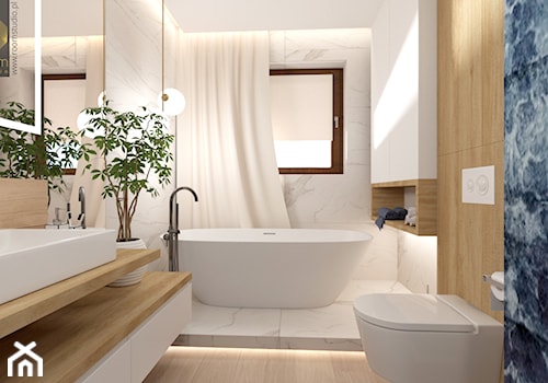 Łazienka z wanną - Średnia z lustrem z marmurową podłogą łazienka z oknem, styl nowoczesny - zdjęcie od ROOM STUDIO