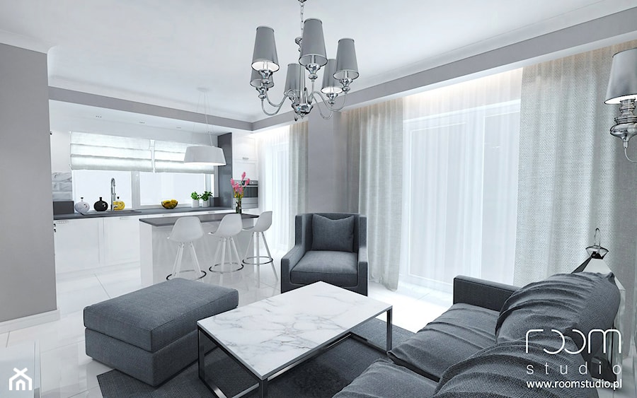Mieszkanie z akcentami glamour - Mała szara jadalnia w kuchni, styl glamour - zdjęcie od ROOM STUDIO