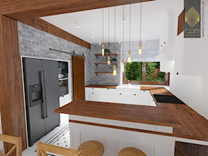 Dom na Stabłowicach - Średnia otwarta biała szara z zabudowaną lodówką z nablatowym zlewozmywakiem kuchnia w kształcie litery g z oknem, styl rustykalny - zdjęcie od ROOM STUDIO