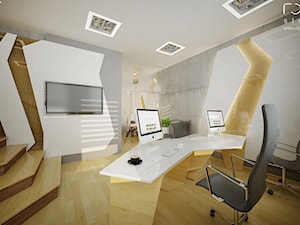 Biuro producentów mebli Patech w Bykowie - Średnie w osobnym pomieszczeniu białe szare biuro - zdjęcie od ROOM STUDIO