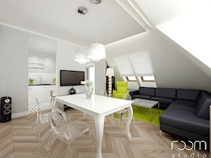 Mieszkanie na poddaszu, Hallera, Wrocław - Średni biały szary salon z kuchnią z jadalnią, styl nowoczesny - zdjęcie od ROOM STUDIO
