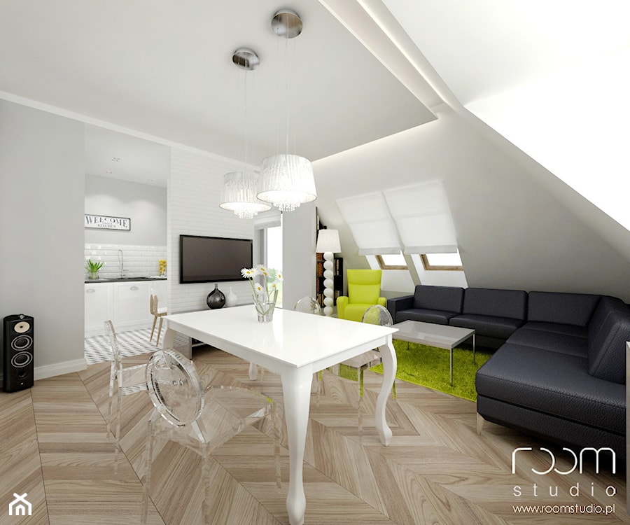 Mieszkanie na poddaszu, Hallera, Wrocław - Średni biały szary salon z kuchnią z jadalnią, styl nowoczesny - zdjęcie od ROOM STUDIO