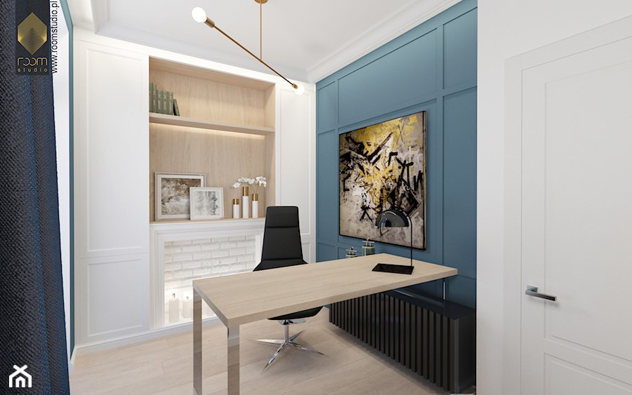 Ołtaszyn - Projekt domu - Małe z zabudowanym biurkiem białe biuro, styl glamour - zdjęcie od ROOM STUDIO