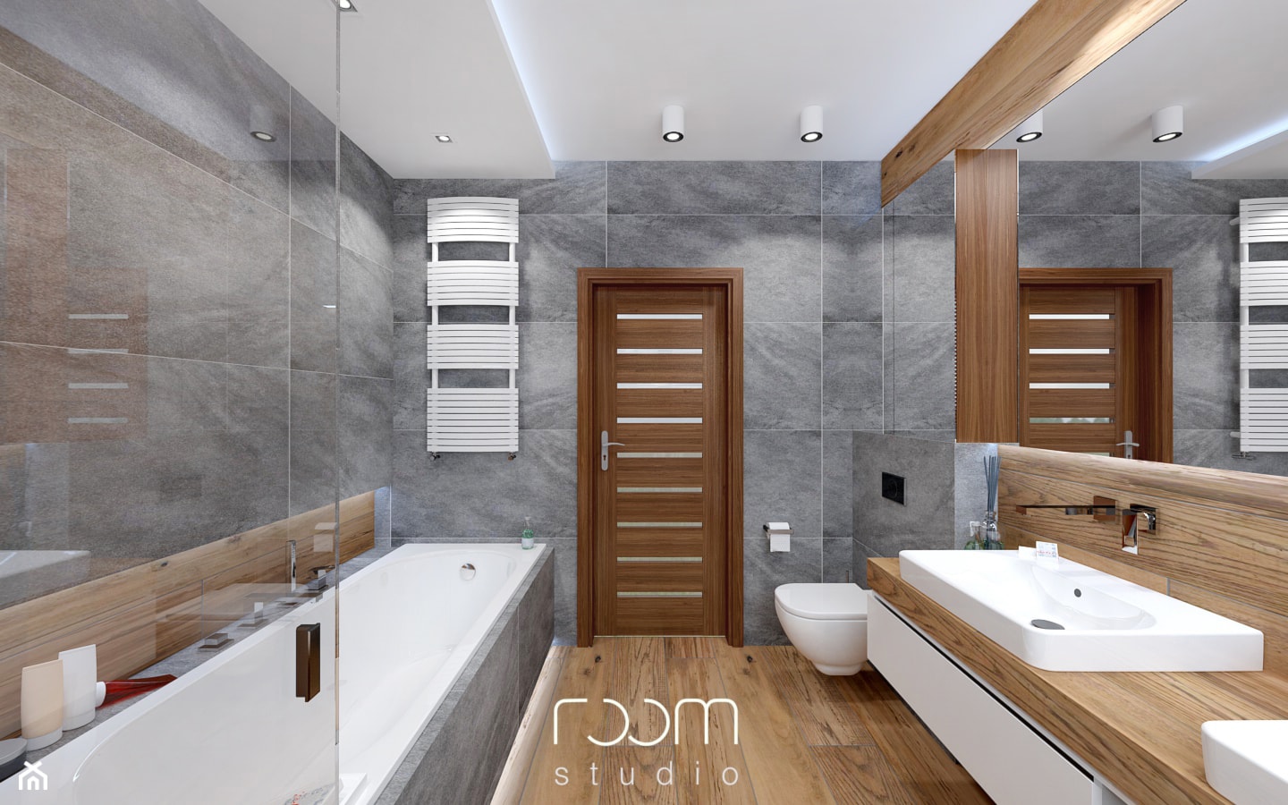 Łazienka szara z drewnem - Średnia z dwoma umywalkami z punktowym oświetleniem łazienka - zdjęcie od ROOM STUDIO - Homebook