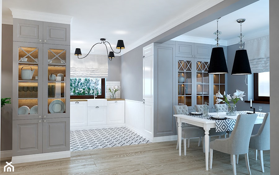 Duża biała szara jadalnia jako osobne pomieszczenie, styl glamour - zdjęcie od ROOM STUDIO