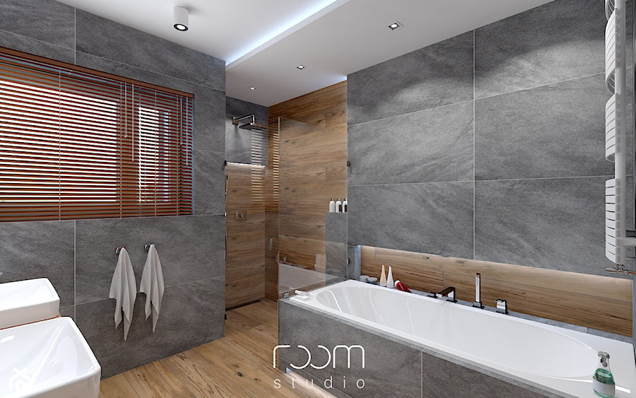 Łazienka szara z drewnem - Średnia jako pokój kąpielowy z dwoma umywalkami z punktowym oświetleniem łazienka z oknem, styl nowoczesny - zdjęcie od ROOM STUDIO