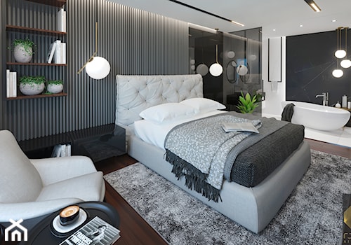 Apartament nad Odrą we Wrocławiu - Duża biała czarna sypialnia z łazienką, styl nowoczesny - zdjęcie od ROOM STUDIO