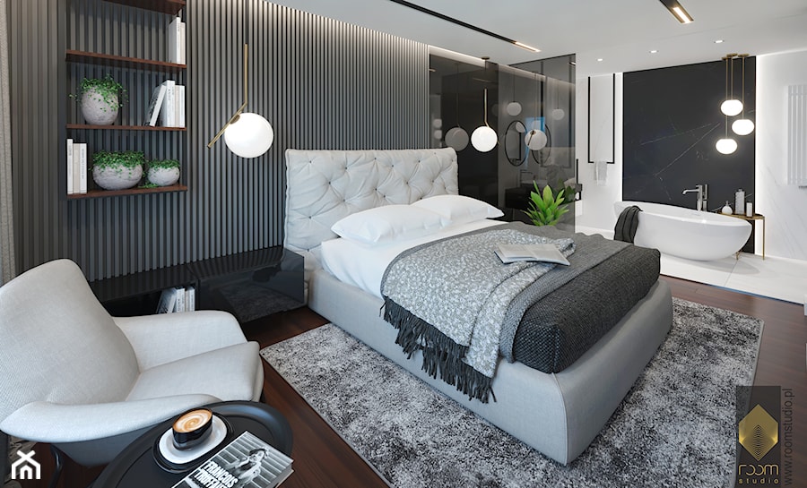 Apartament nad Odrą we Wrocławiu - Duża biała czarna sypialnia z łazienką, styl nowoczesny - zdjęcie od ROOM STUDIO