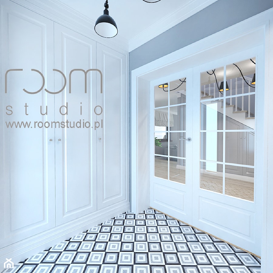 Dom jednorodzinny na Psim Polu, Wrocław - Mały biały szary hol / przedpokój, styl glamour - zdjęcie od ROOM STUDIO