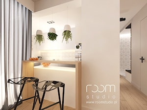 Mieszkanie w Poznaniu - Mała otwarta biała z kuchenką mikrofalową kuchnia w kształcie litery u z wyspą lub półwyspem, styl skandynawski - zdjęcie od ROOM STUDIO