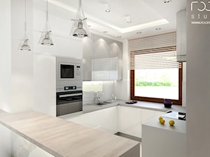 Dom jednorodzinny, Dobrzykowice - Mała otwarta biała z zabudowaną lodówką z podblatowym zlewozmywakiem kuchnia w kształcie litery u z wyspą lub półwyspem, styl nowoczesny - zdjęcie od ROOM STUDIO