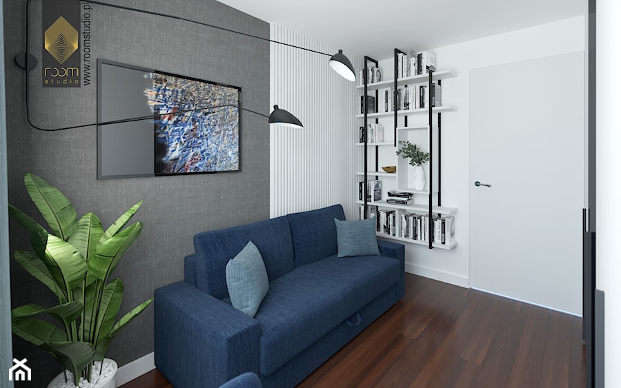 Apartament nad Odrą we Wrocławiu - Małe w osobnym pomieszczeniu z sofą białe szare biuro, styl nowoczesny - zdjęcie od ROOM STUDIO