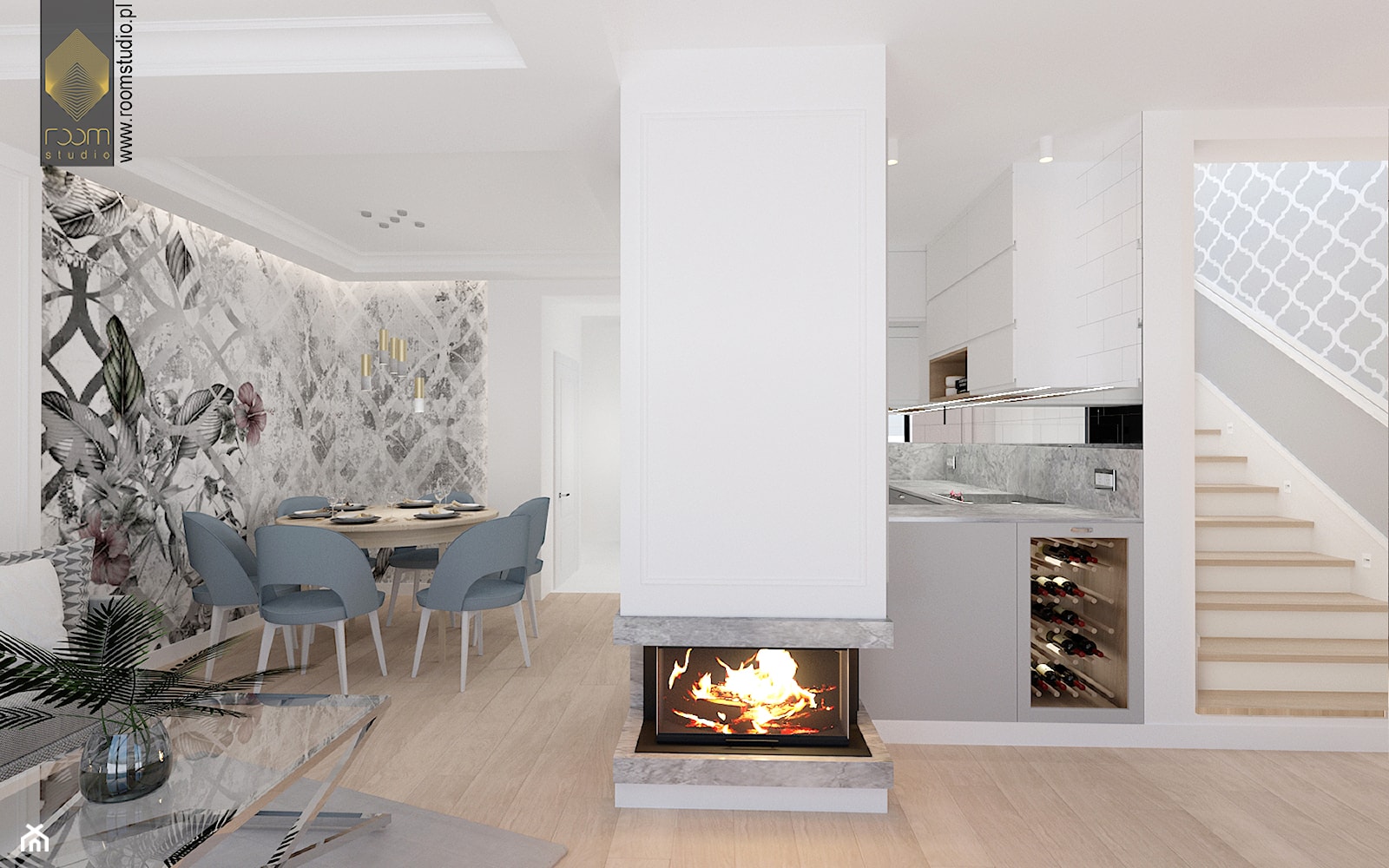 Ołtaszyn - Projekt domu - Średni biały szary salon z kuchnią z jadalnią z barkiem, styl nowoczesny - zdjęcie od ROOM STUDIO - Homebook