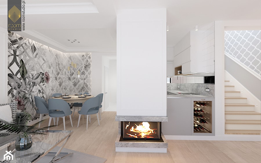 Ołtaszyn - Projekt domu - Średni biały szary salon z kuchnią z jadalnią z barkiem, styl nowoczesny - zdjęcie od ROOM STUDIO