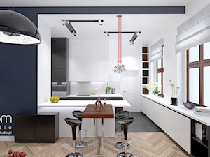 Mała biała niebieska jadalnia w salonie w kuchni, styl nowoczesny - zdjęcie od ROOM STUDIO