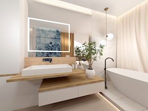 Łazienka z wanną - Średnia z lustrem z marmurową podłogą łazienka z oknem, styl nowoczesny - zdjęcie od ROOM STUDIO