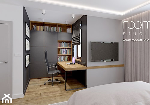 Dom jednorodzinny - Żerniki, Wrocław - Średnie w osobnym pomieszczeniu z sofą szare biuro, styl nowoczesny - zdjęcie od ROOM STUDIO