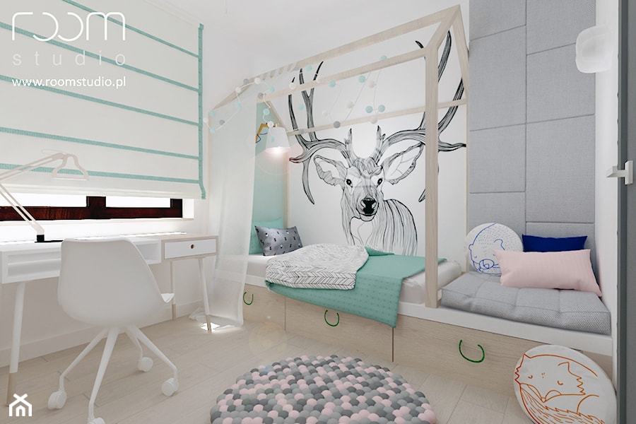 Dziewczęce pokoje - Mały biały szary zielony pokój dziecka dla dziecka dla nastolatka dla chłopca dla dziewczynki, styl skandynawski - zdjęcie od ROOM STUDIO