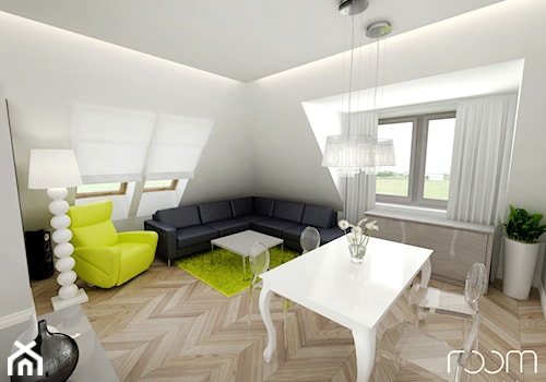 Mieszkanie na poddaszu, Hallera, Wrocław - Duży biały salon z jadalnią, styl nowoczesny - zdjęcie od ROOM STUDIO