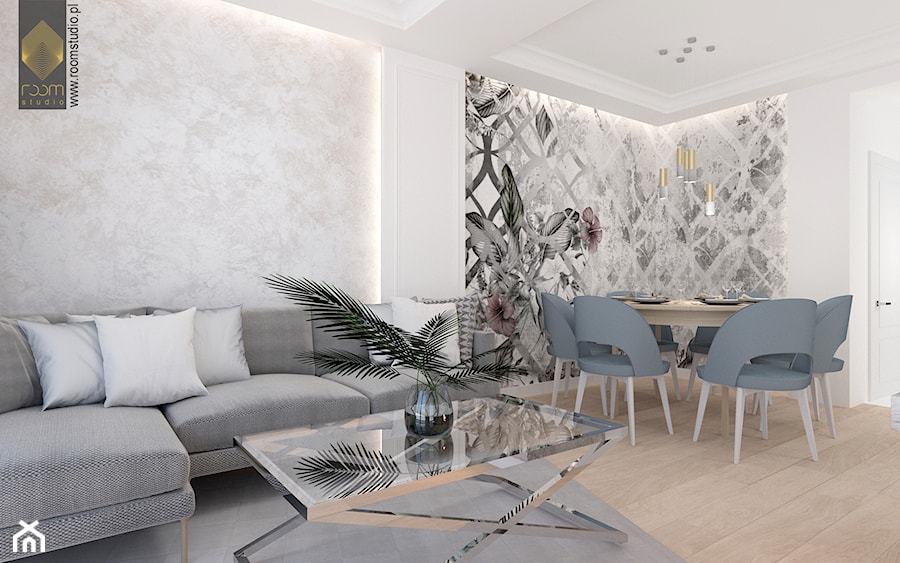 Ołtaszyn - Projekt domu - Średnia szara jadalnia w salonie, styl glamour - zdjęcie od ROOM STUDIO