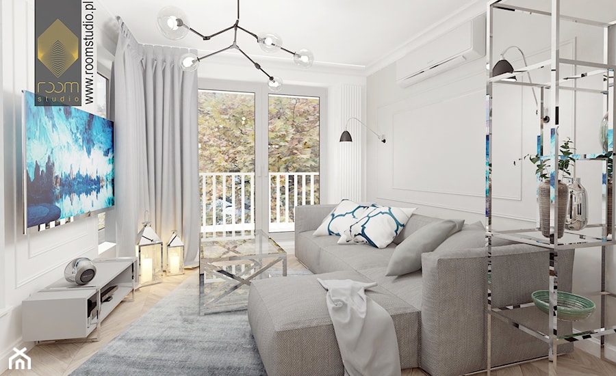 Apartament w stylu New York - Średni biały salon z tarasem / balkonem, styl glamour - zdjęcie od ROOM STUDIO