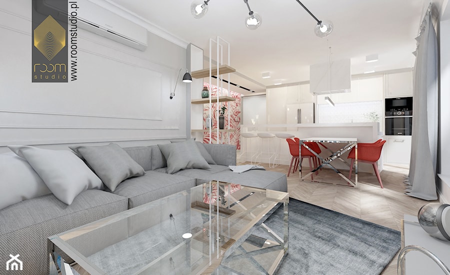 Apartament w stylu New York - Duży biały salon z kuchnią z jadalnią, styl glamour - zdjęcie od ROOM STUDIO
