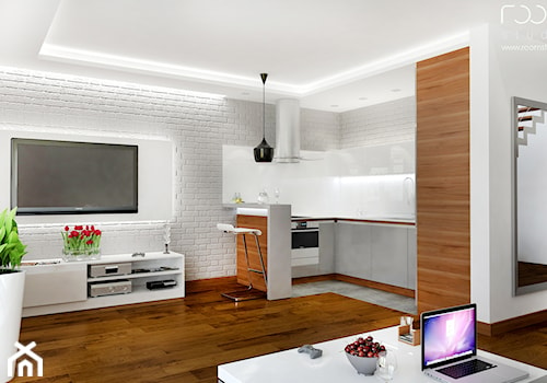 Wnętrza bliźniaków - Mała z salonem biała kuchnia w kształcie litery l - zdjęcie od ROOM STUDIO
