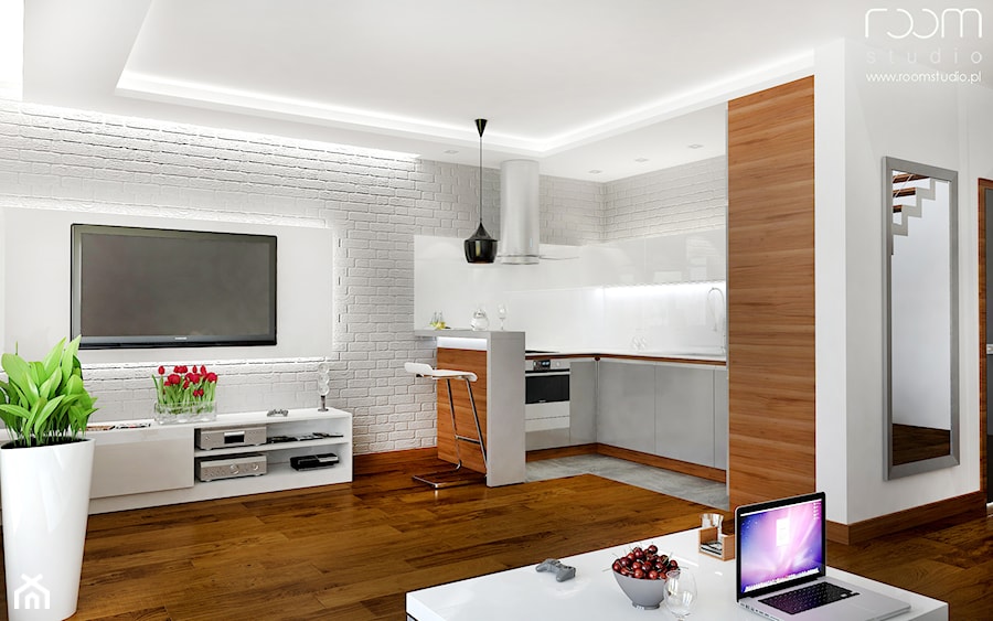 Wnętrza bliźniaków - Mała z salonem biała kuchnia w kształcie litery l - zdjęcie od ROOM STUDIO