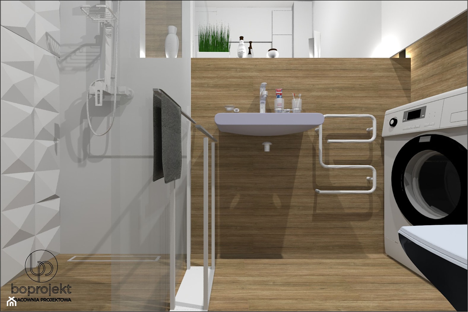 biała łazienka z drewnem - zdjęcie od BOPROJEKT Pracownia Projektowa - Homebook