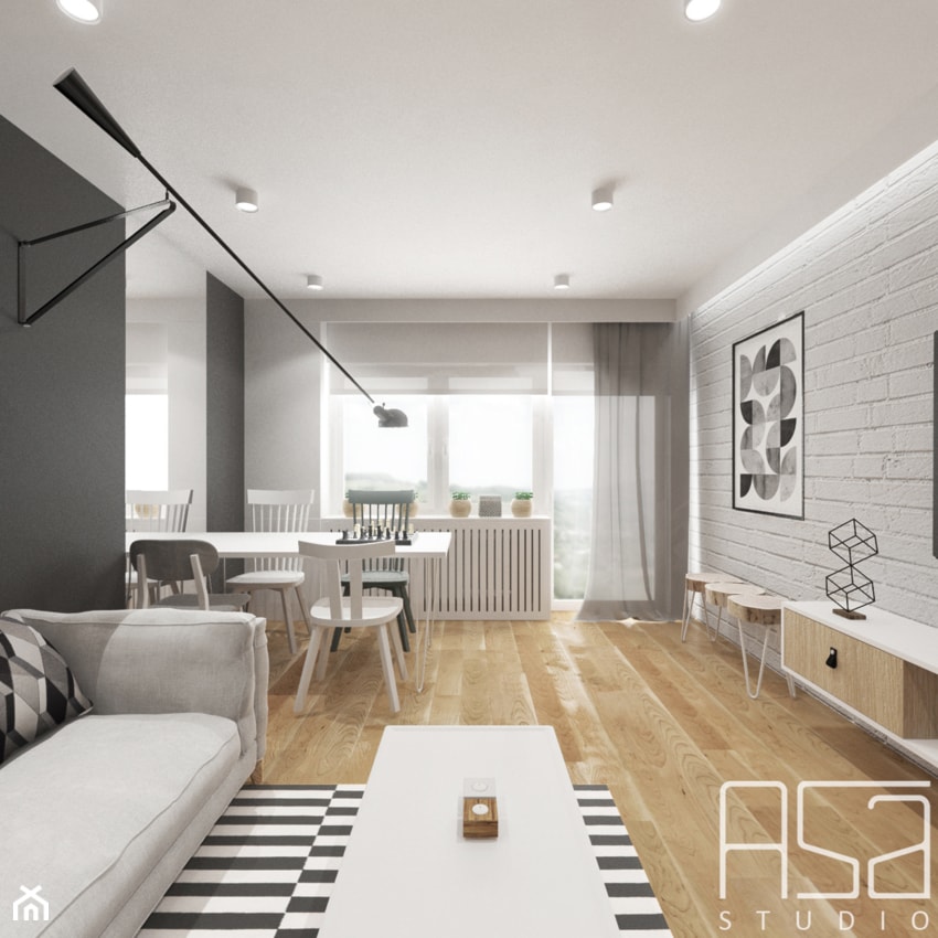 Mieszkanie_Łęczna 70,7mq - Mały biały szary salon z jadalnią, styl nowoczesny - zdjęcie od asa studio
