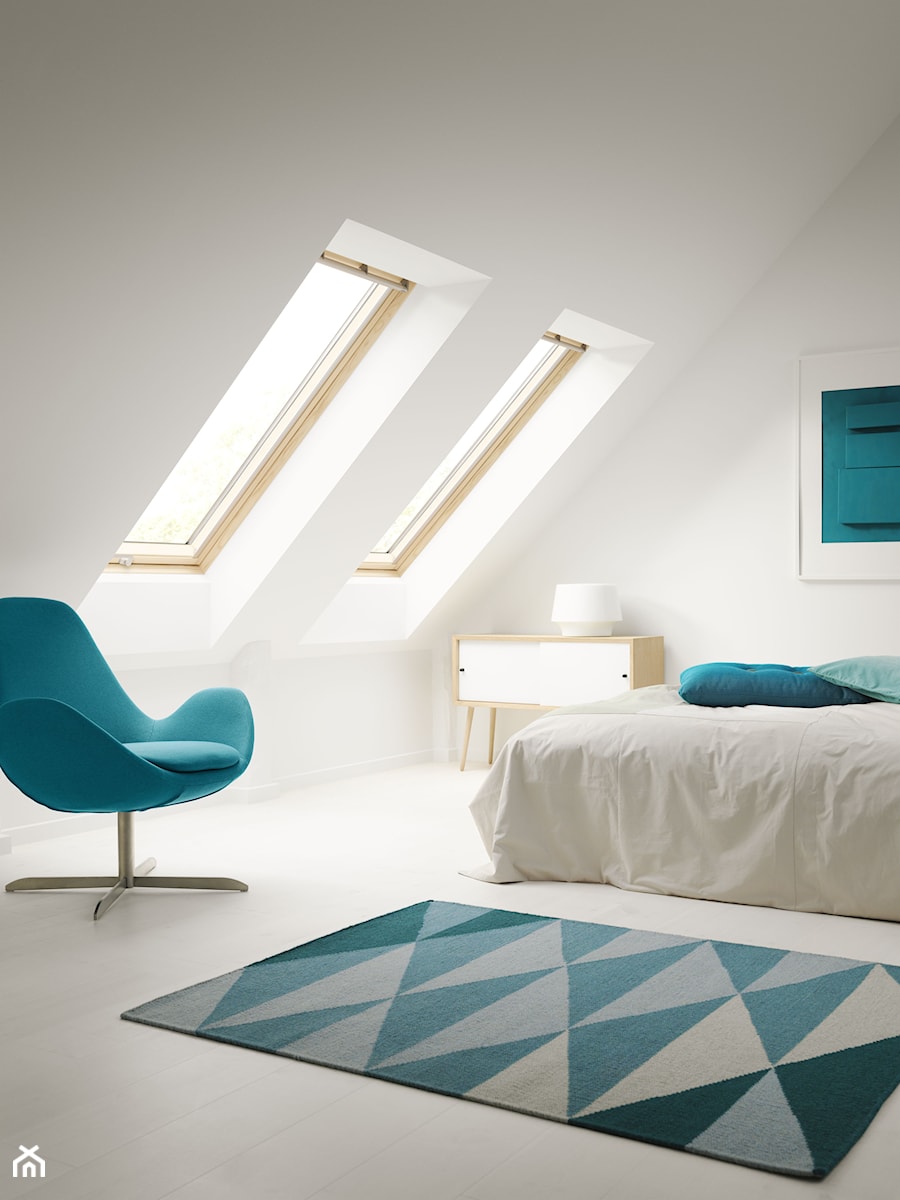 Sypialnia na poddaszu - inspiracje VELUX - Średnia biała sypialnia na poddaszu, styl minimalistyczny - zdjęcie od VELUX