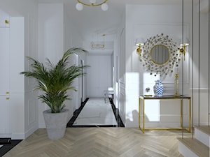 Korytarz w stylu nowojorskim - Duży z zabudową meblową z okrągłym lustrem biały z lustrem na ścianie z farbą na ścianie z marmurem na podłodze hol / przedpokój, styl glamour - zdjęcie od Happy Home