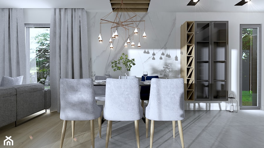 Salon z kuchnią w nowoczesnym stylu - Średni biały salon z jadalnią, styl nowoczesny - zdjęcie od Happy Home