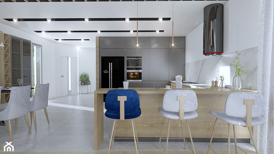 Salon z kuchnią w nowoczesnym stylu - Duża otwarta biała z zabudowaną lodówką z nablatowym zlewozmywakiem kuchnia w kształcie litery u z marmurem nad blatem kuchennym, styl nowoczesny - zdjęcie od Happy Home