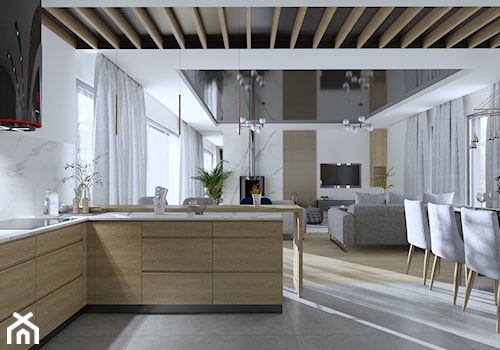 Salon z kuchnią w nowoczesnym stylu - Duży biały salon z kuchnią z jadalnią, styl nowoczesny - zdjęcie od Happy Home