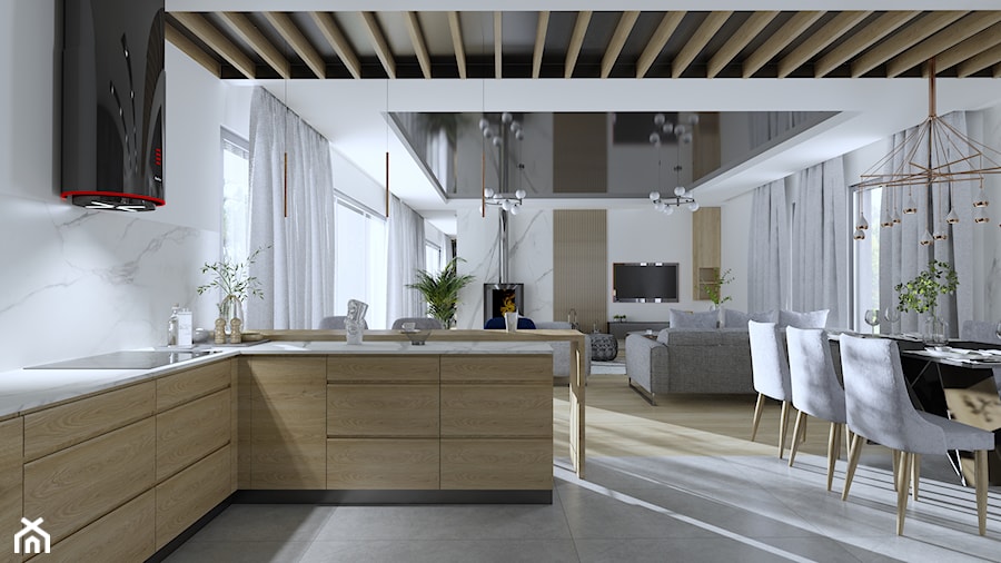Salon z kuchnią w nowoczesnym stylu - Duży biały salon z kuchnią z jadalnią, styl nowoczesny - zdjęcie od Happy Home